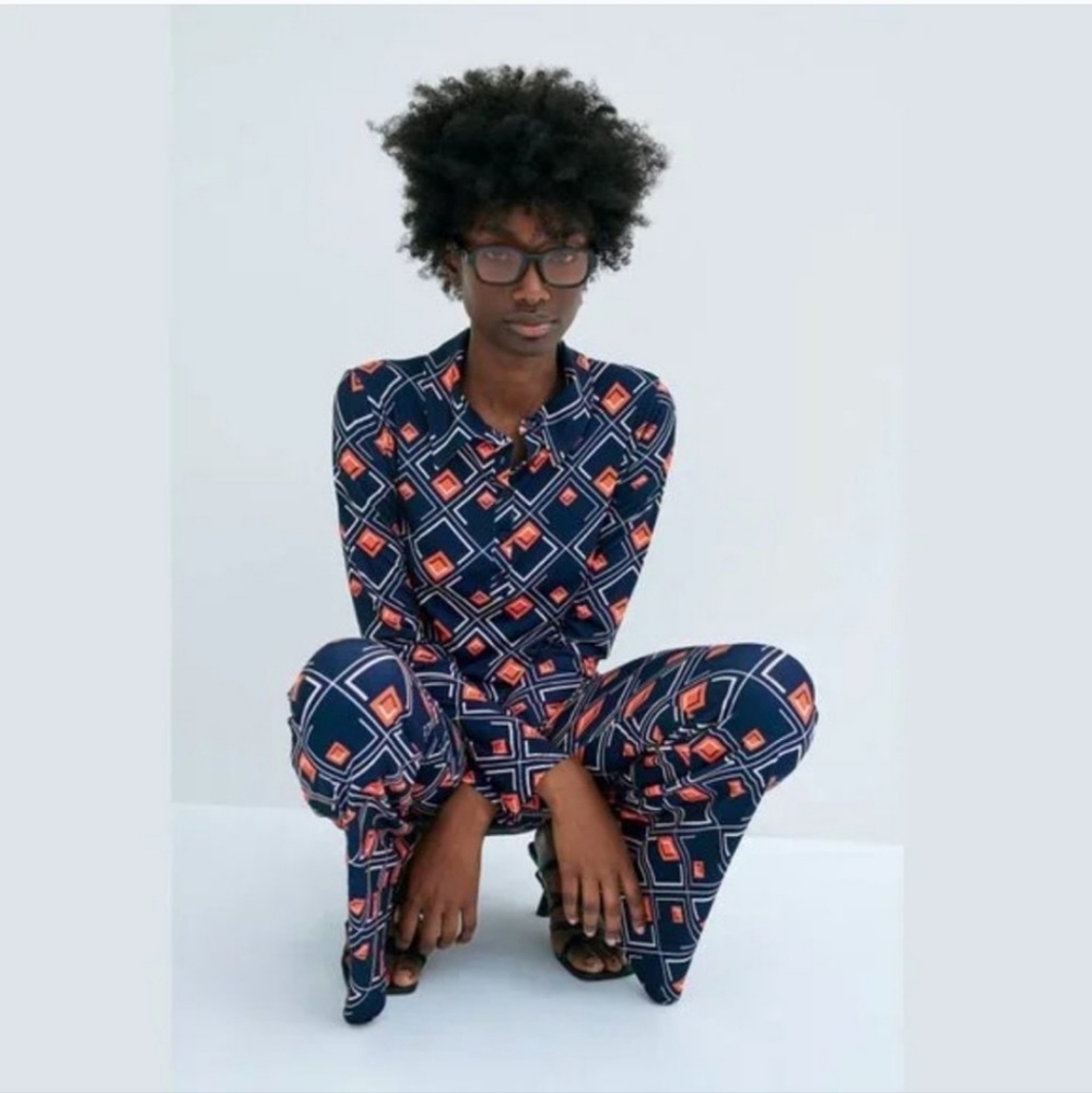Zara Diamond Print Matching Set Pull On High Waist Flare Tunic Top Two Piece - Picture 2 of 16